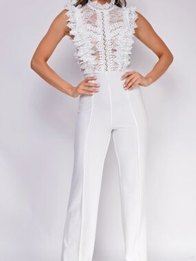 Emprada White Lace High Neck Jumpsuit - Wide Leg Bridal Formal Party